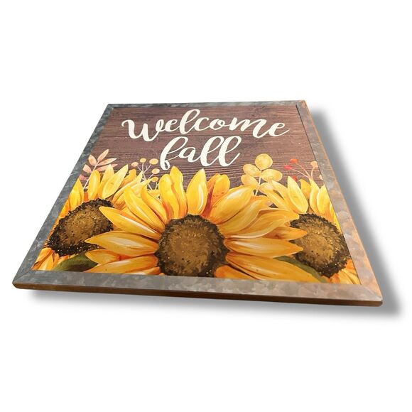Welcome Fall Sunflower Hanging Sign 11x11 Galvanized Metal Trim Wood Sign Decor - Picture 6 of 9
